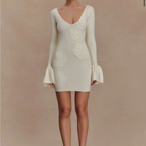 Meshki Cream Bodycon Dress with Bell Sleeves